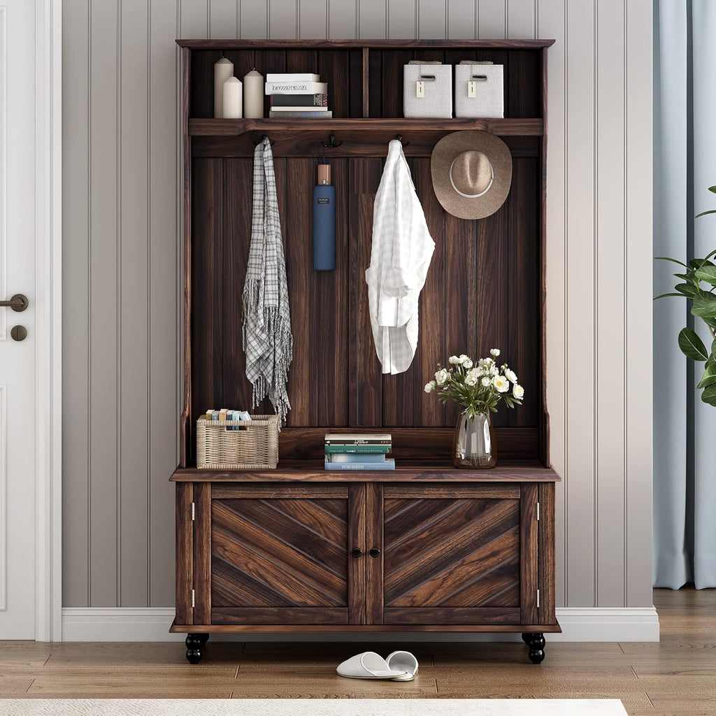 Hall Tree with 4 Hooks and Storage Bench Brown 7k
