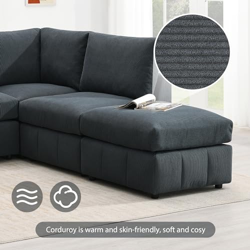 93" L-Shaped Sectional Sofa with 2 Ottomans, Dark Grey Corduroy q7