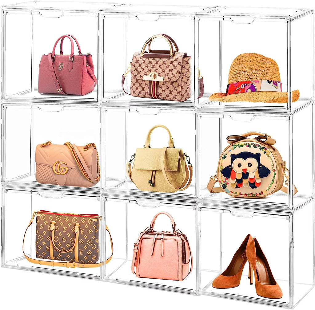 6Pack Purse Organizer for Closet Clear Acrylic Display Case Handbag Storage Organizer Box with Magnetic Door Stackable Storage Bins with Dustproof Lid for Book Toys Shoes Cosmetic Collectibles