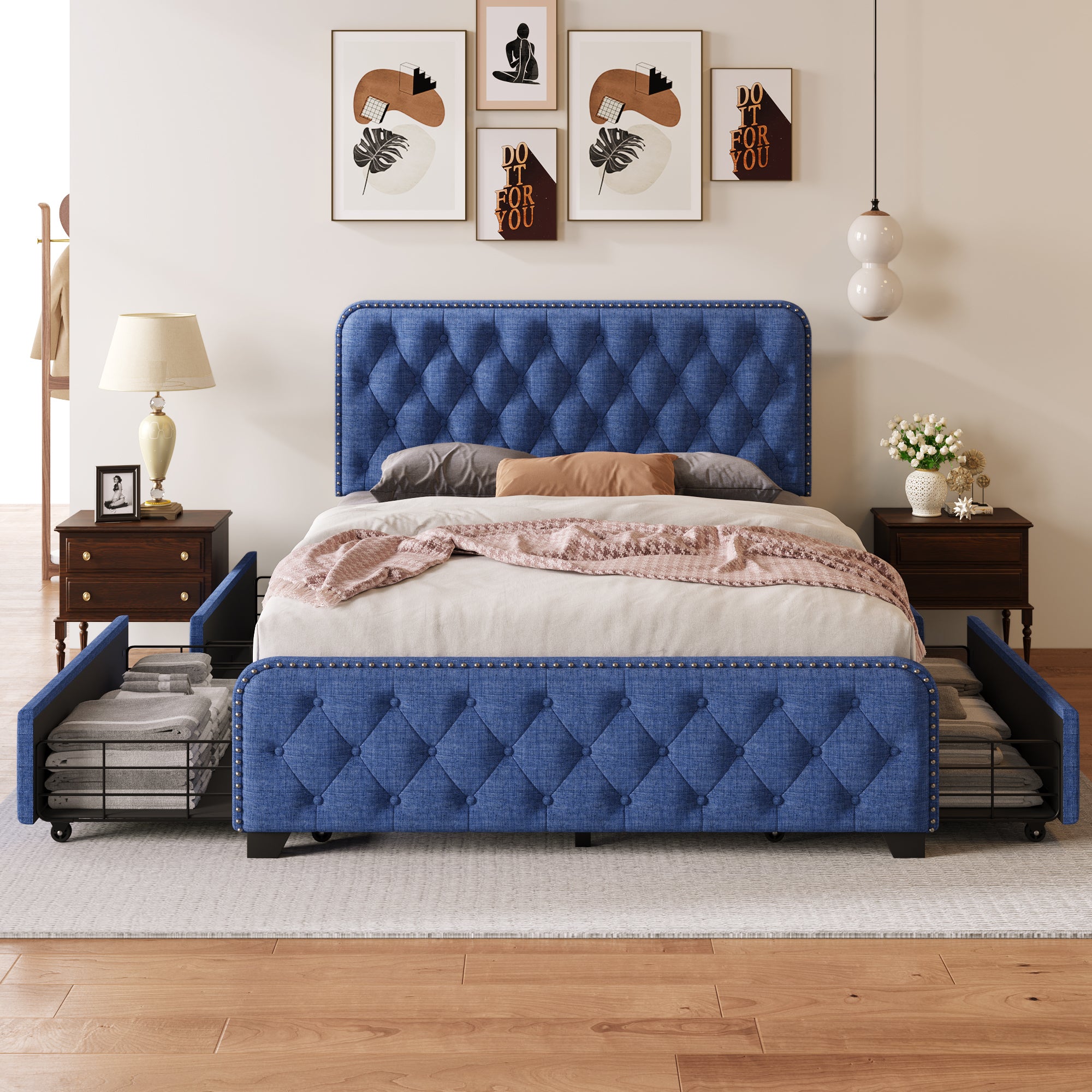 Upholstered Platform Bed Frame with Drawers, Tufted Headboard, Full A7