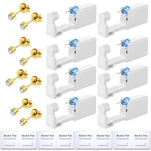 Get the Perfect Ear Piercing with 24Pcs Premium Ear Piercing Kit - Includes 8 CZ Diamond Earrings and 8 Easy-to-Use Self Ear Piercing Gun - Safe, Hypoallergenic, and Painless