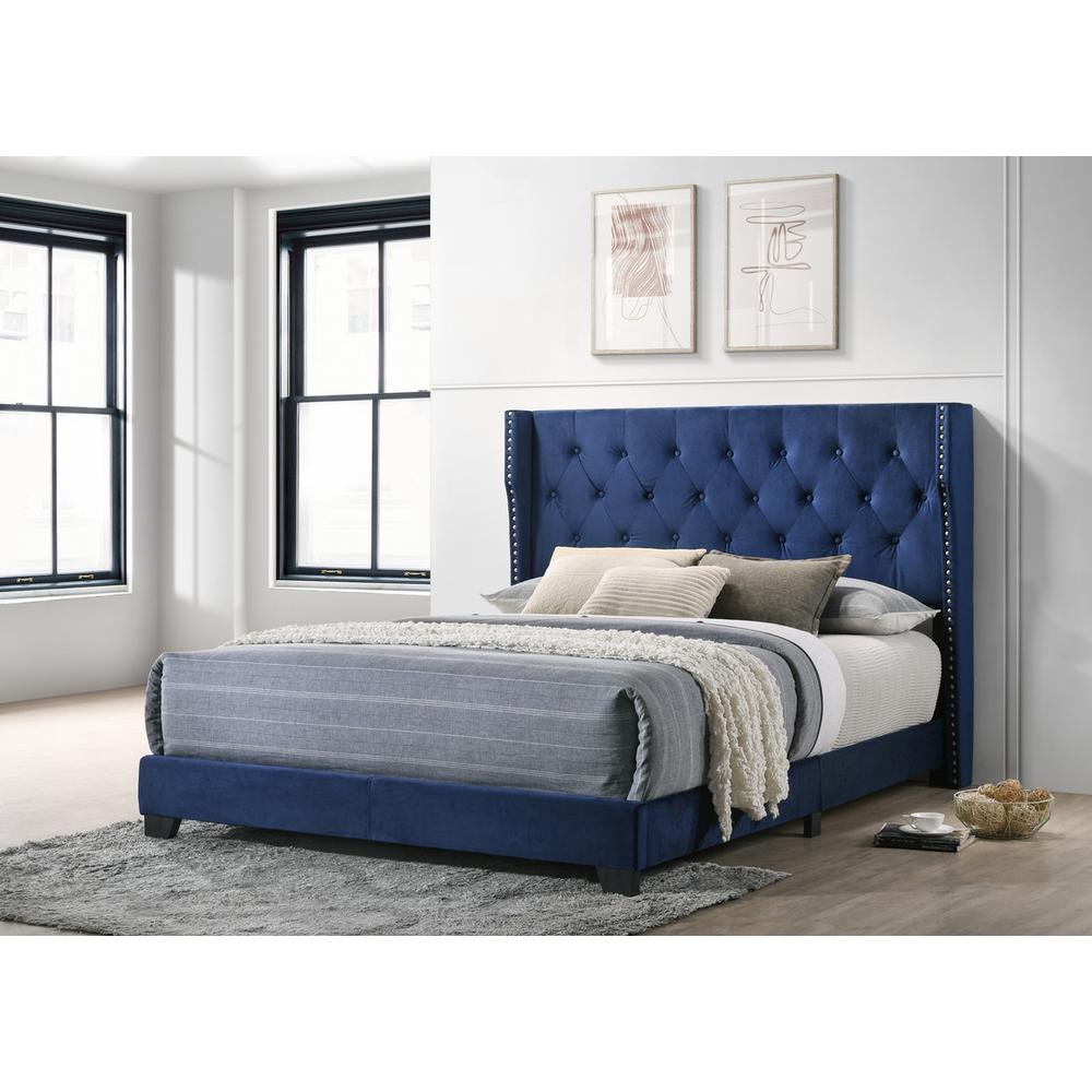 Navy Blue Velvet Panel Bed Full Tufted Headboard x7