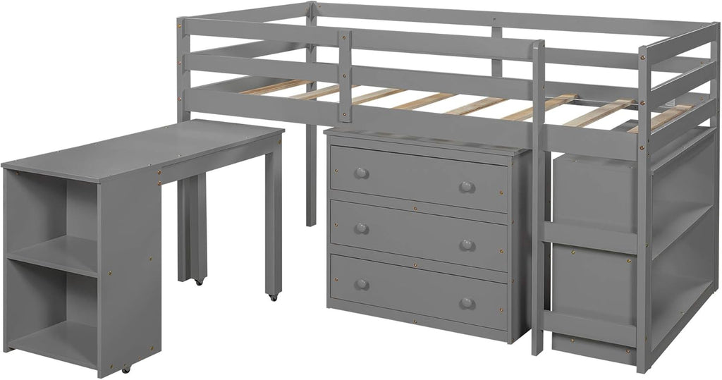 Twin Study Loft Bed with Rolling Desk and Bookcase Gray A7