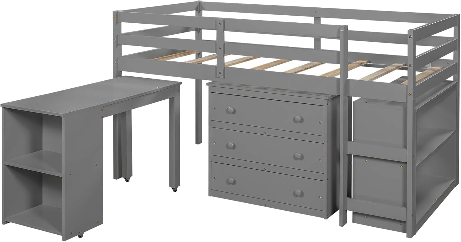 Twin Study Loft Bed with Rolling Desk and Bookcase Gray A7