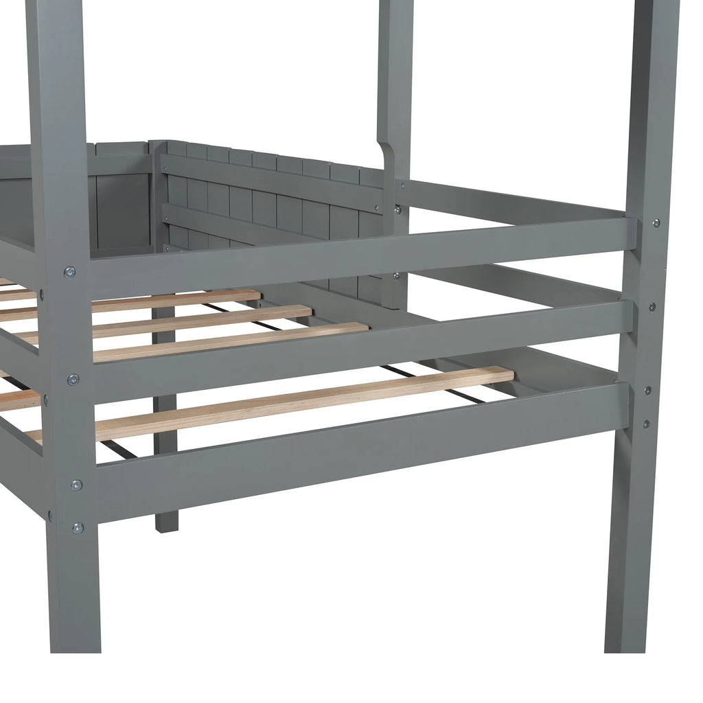 Twin Wood House Loft Bed with Roof and Ladder k7