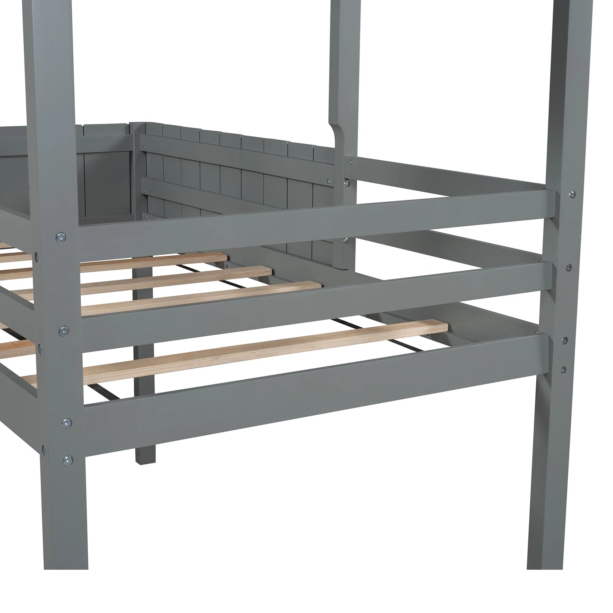 Twin Wood House Loft Bed with Roof and Ladder k7
