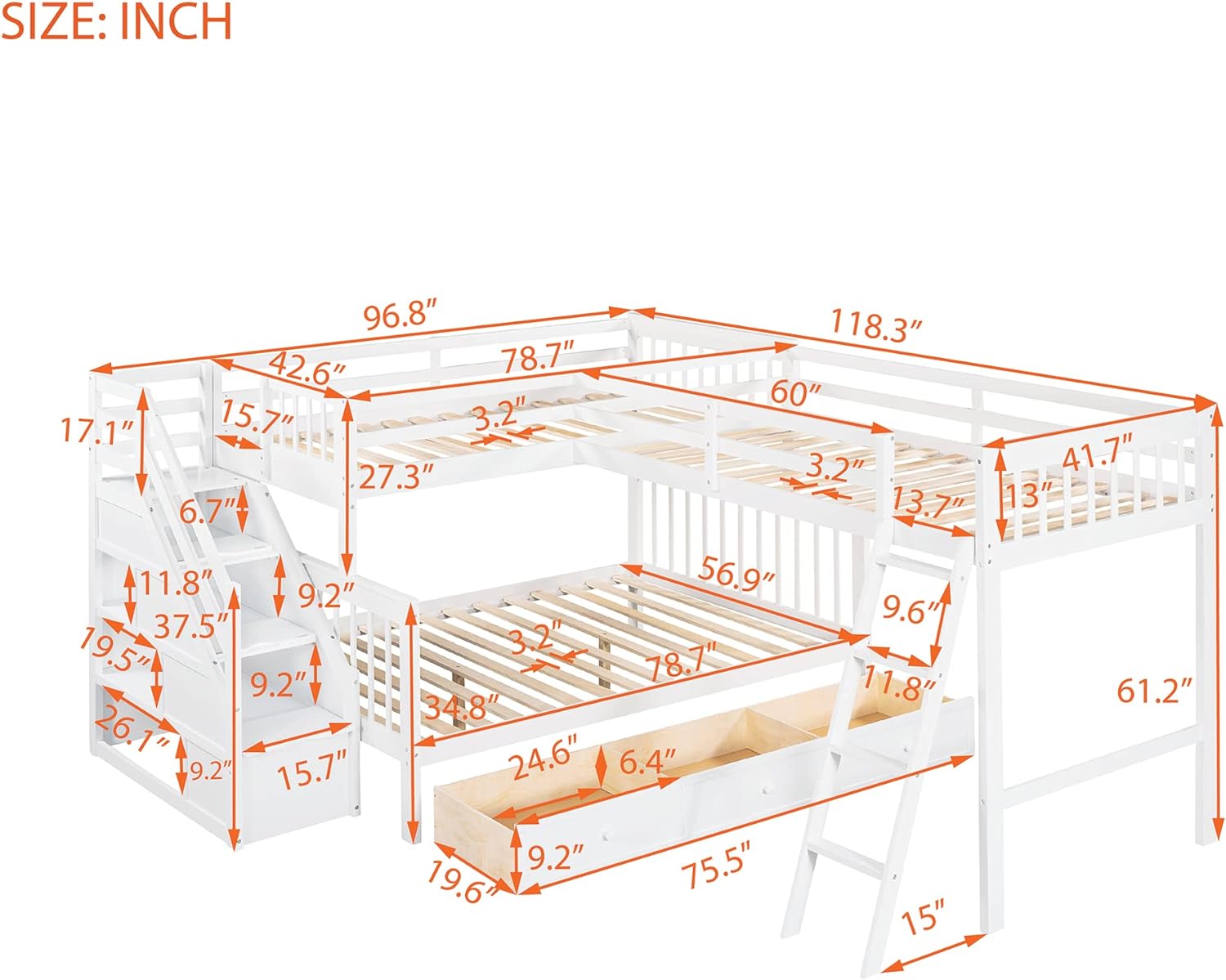 Triple Bunk Bed with Stairs and Storage Drawers White 7k