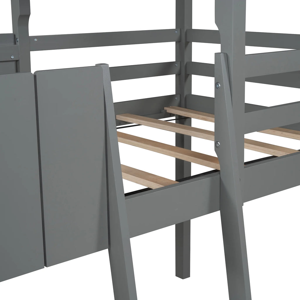 Twin Wood House Loft Bed with Roof and Ladder k7
