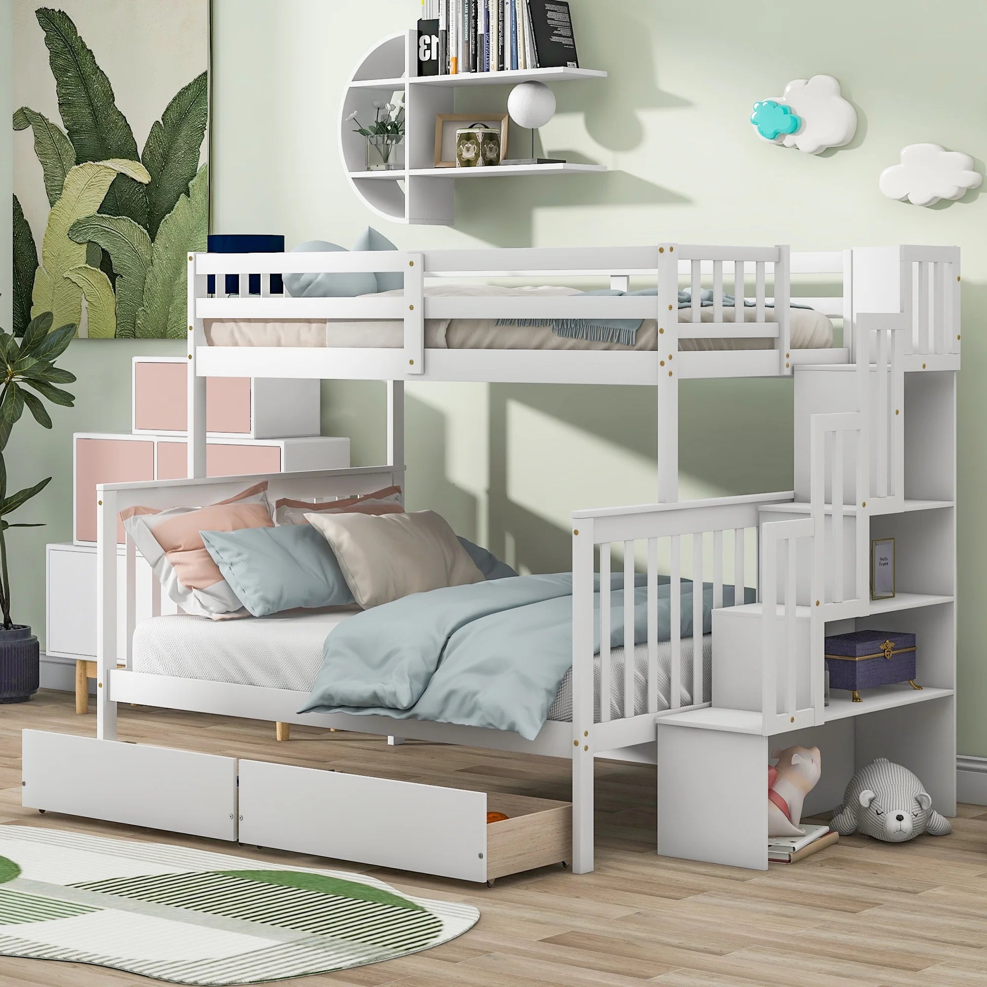 Twin Bunk Bed with Stairs and Drawers, Converts to 2 Beds a7
