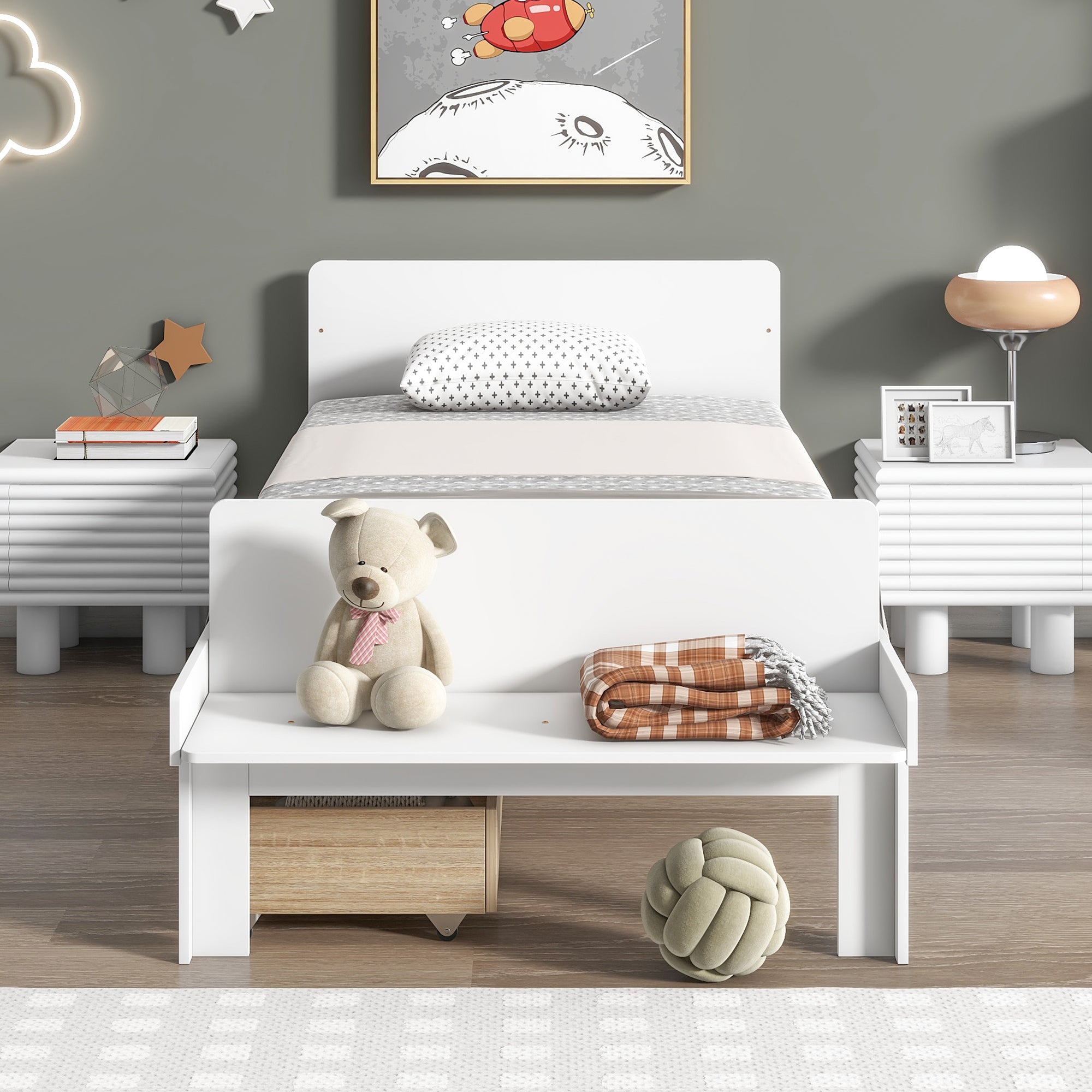 Twin Size Wood Platform Bed Frame with Headboard and 2 Storage Drawers White k7