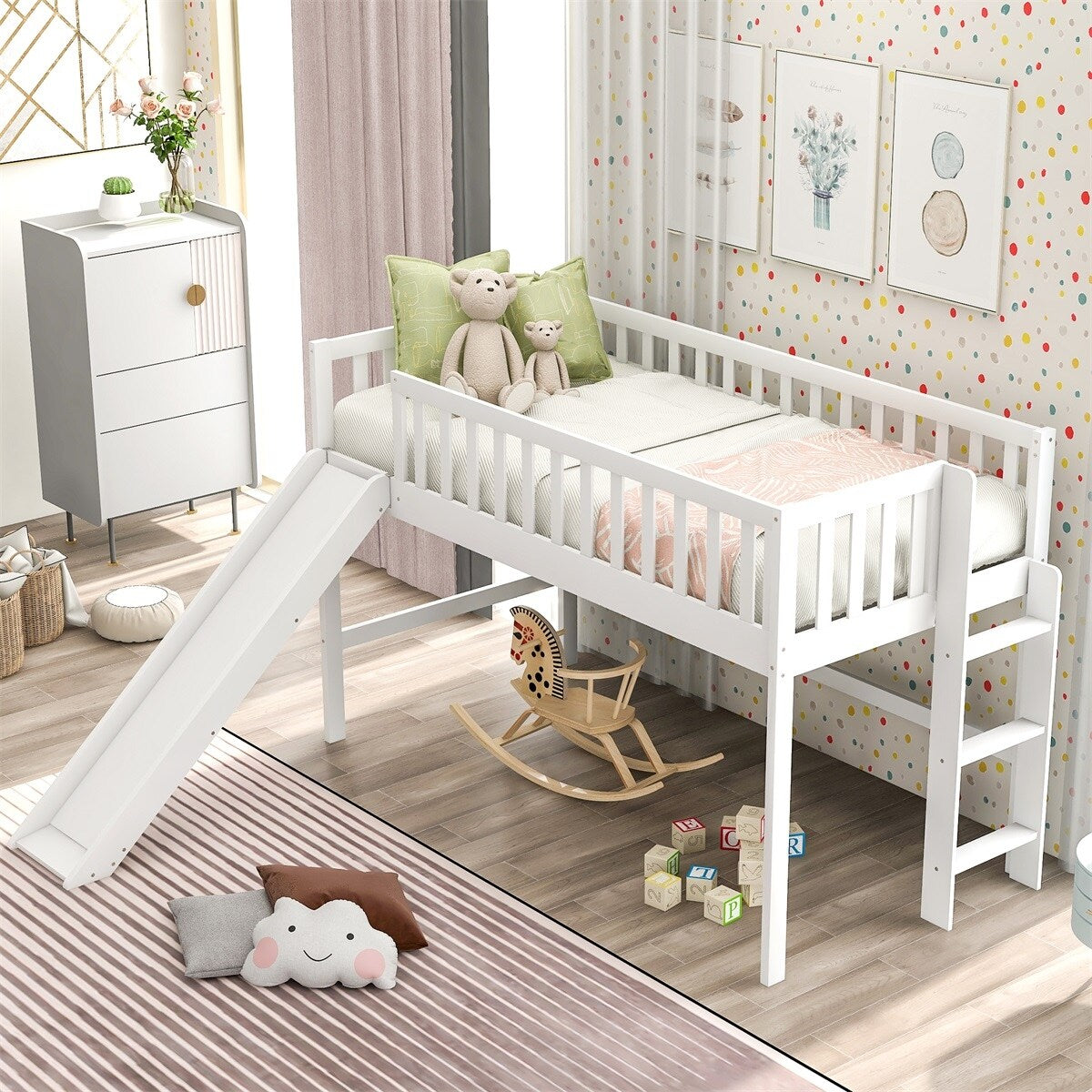 Wooden Low Loft Bed with Slide and Ladder White k7