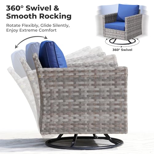 Outdoor Wicker Rattan Rocking Chairs Set of 2 with Cushions, Denim Blue k7