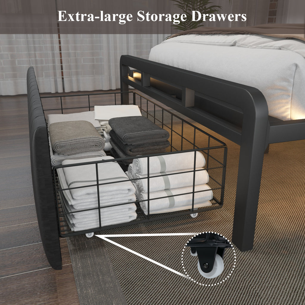 Full Bed Frame with Storage Headboard and LED Lights, Charging Station, Black k7