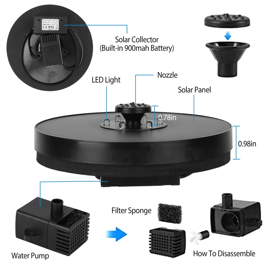 Solar Powered Fountain Pump Floating Bird Bath Pond Pump LED Lights 7 Nozzles k9