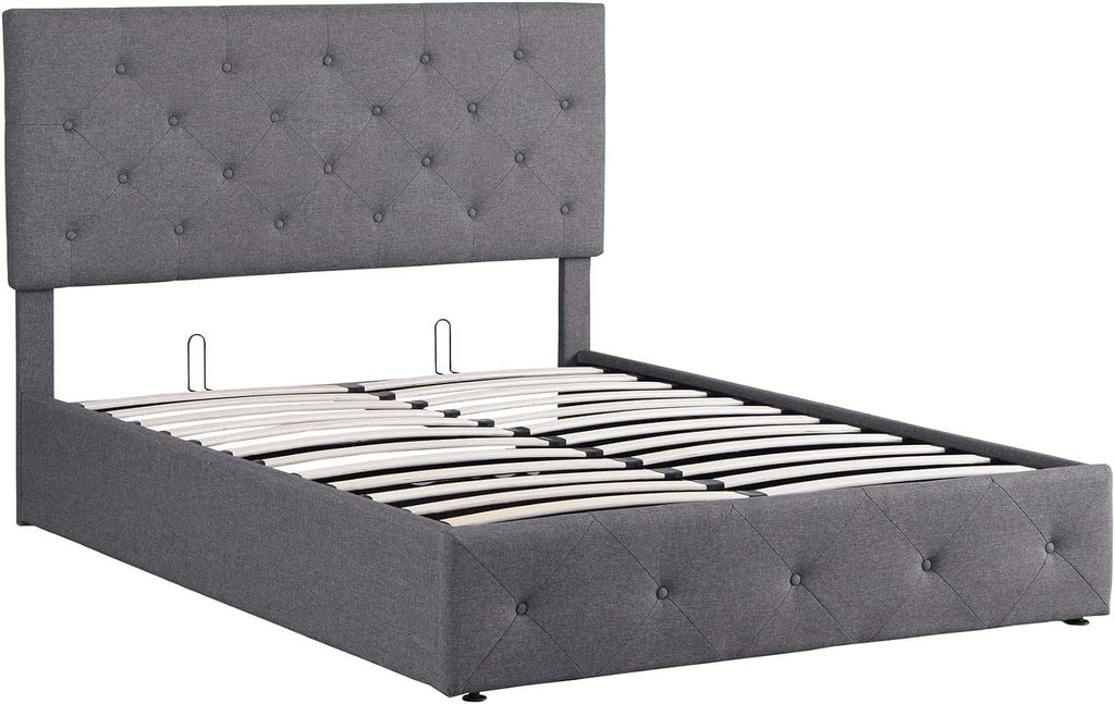 Upholstered Platform Bed with Gas Lift Storage Grey k7