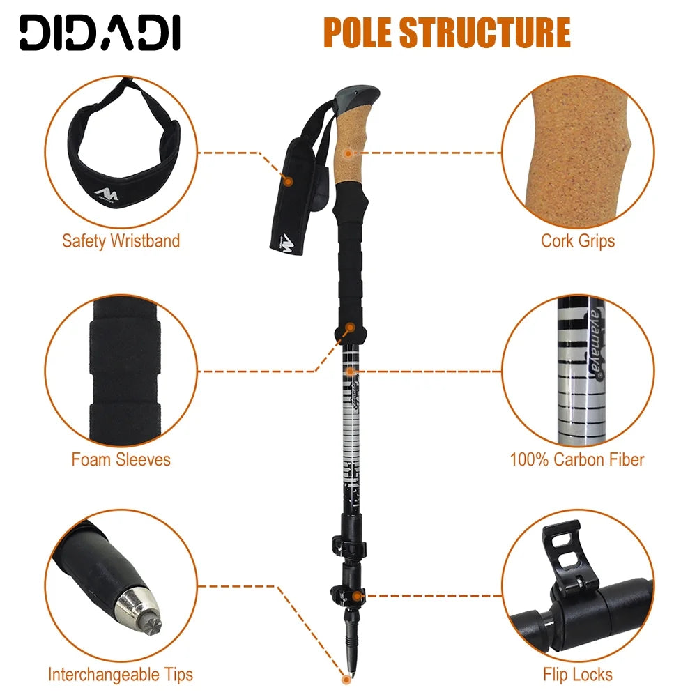 Carbon Fiber Hiking Poles Anti-Shock Quick Lock Lightweight Adjustable Trekking Sticks A7