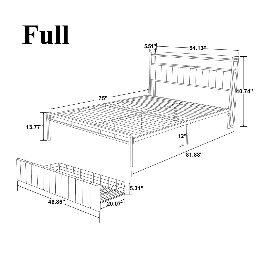 Full Bed Frame with Storage Headboard and LED Lights, Charging Station, Black k7