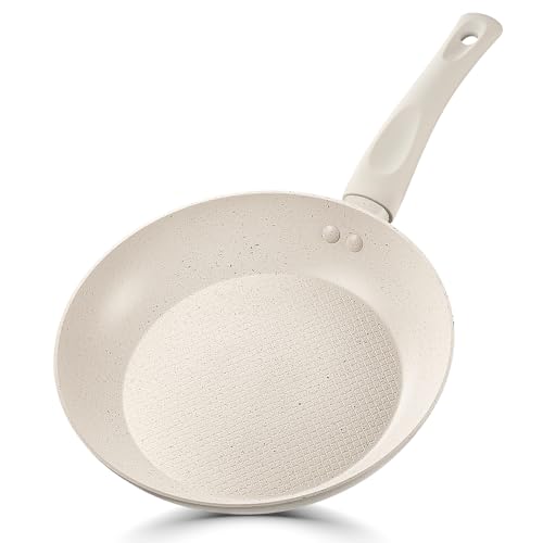 KOCH SYSTEME CS Frying Pan Nonstick 10 Inch White, Ergonomic Bakelite Handle, Ultra Non-toxic Marble Coating, Honeycomb Design Aluminum Skillet, Fry Pan for All Stoves