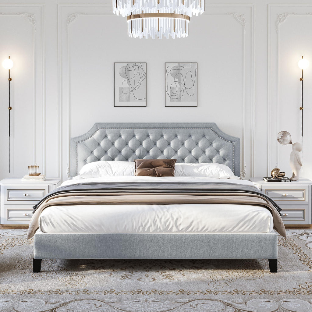 Tufted Upholstered Bed Frame with Adjustable Headboard Grey F7k
