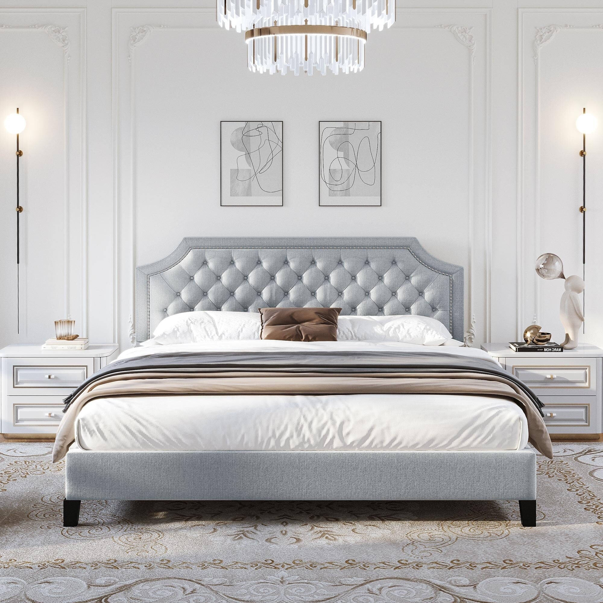 Tufted Upholstered Bed Frame with Adjustable Headboard Grey F7k