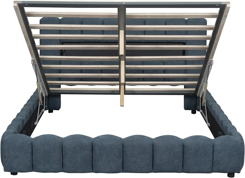 Upholstered Queen Bed with Lift-Up Storage and LED Headboard a7