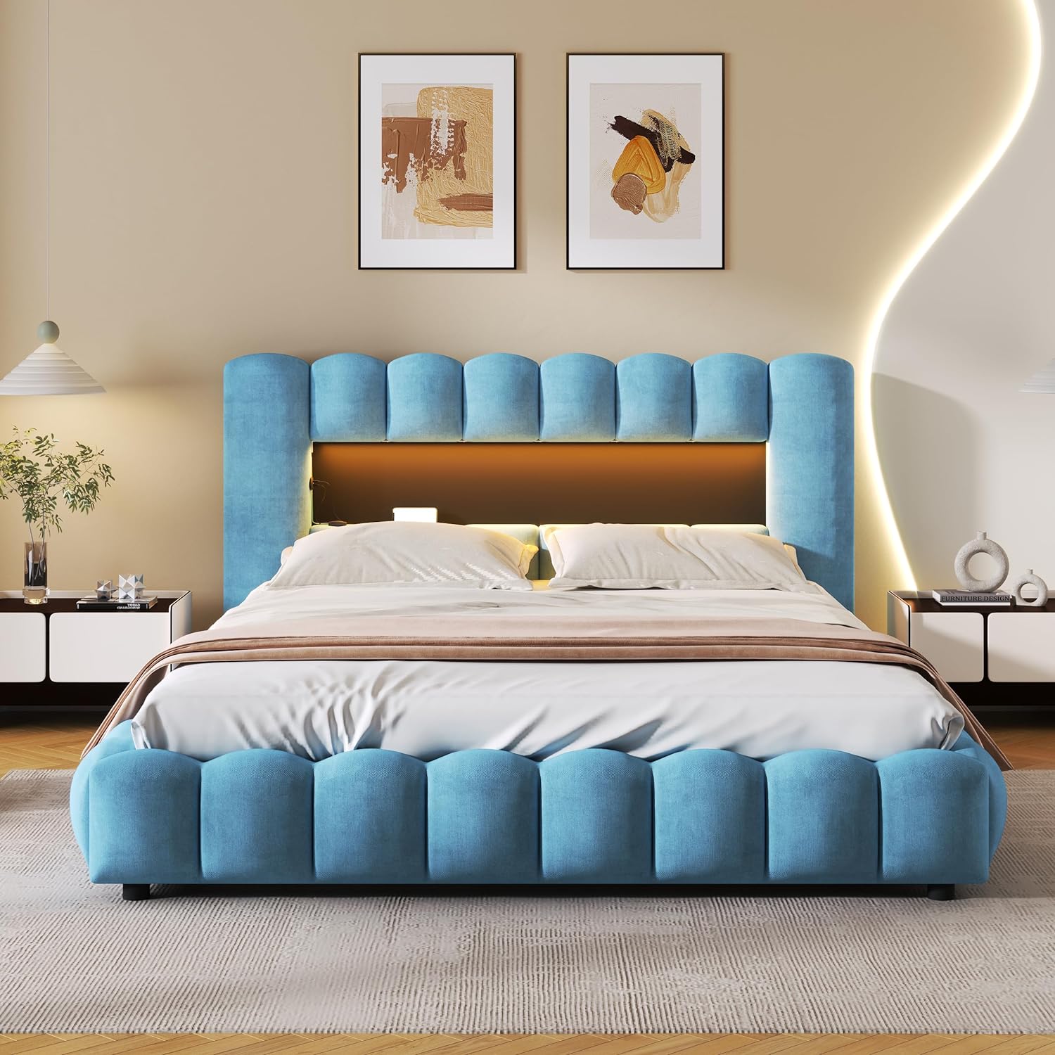 Queen Size Bed with Storage and LED Headboard k7m