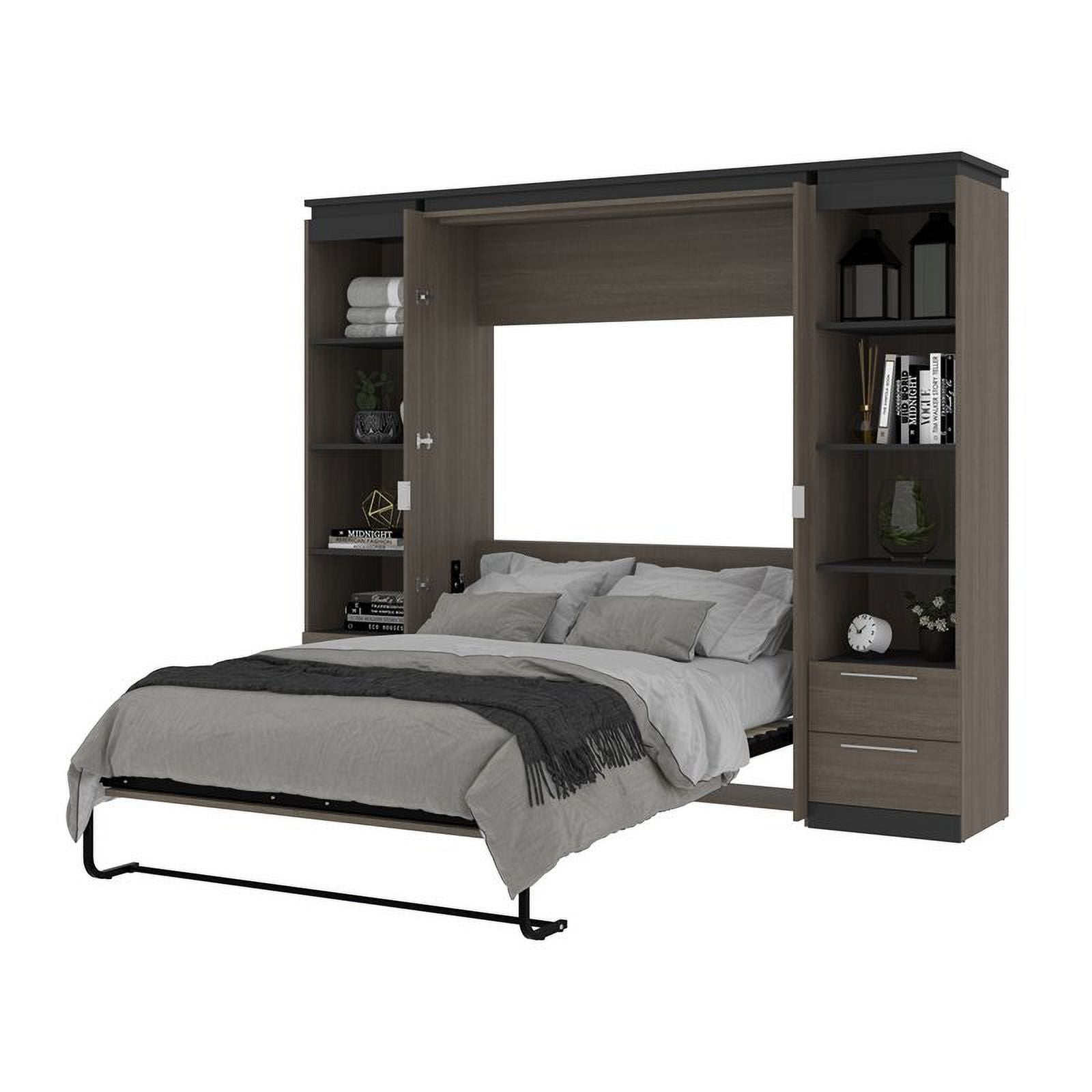 Full Murphy Bed with 2 Bookcases and Drawers, Bark Gray k7