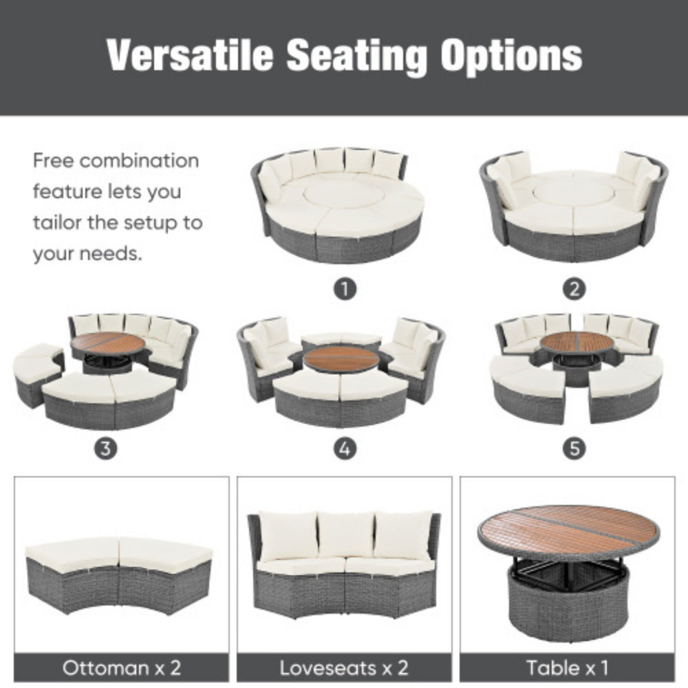 Patio 5-Piece Round Rattan Sectional Sofa Set with Liftable Table a7