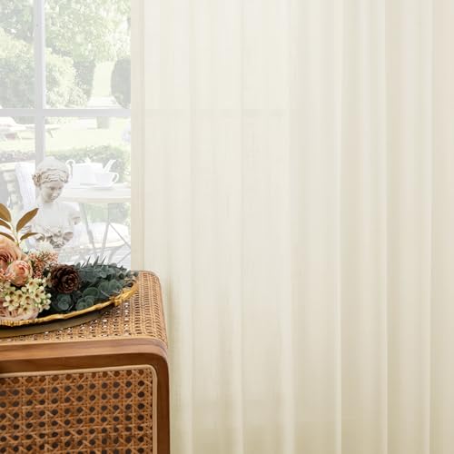 Natural Pinch Pleated Curtains 2 Panels, Linen Textured Semi Sheer 84 Inch, Light Filtering Voile Drapes a7