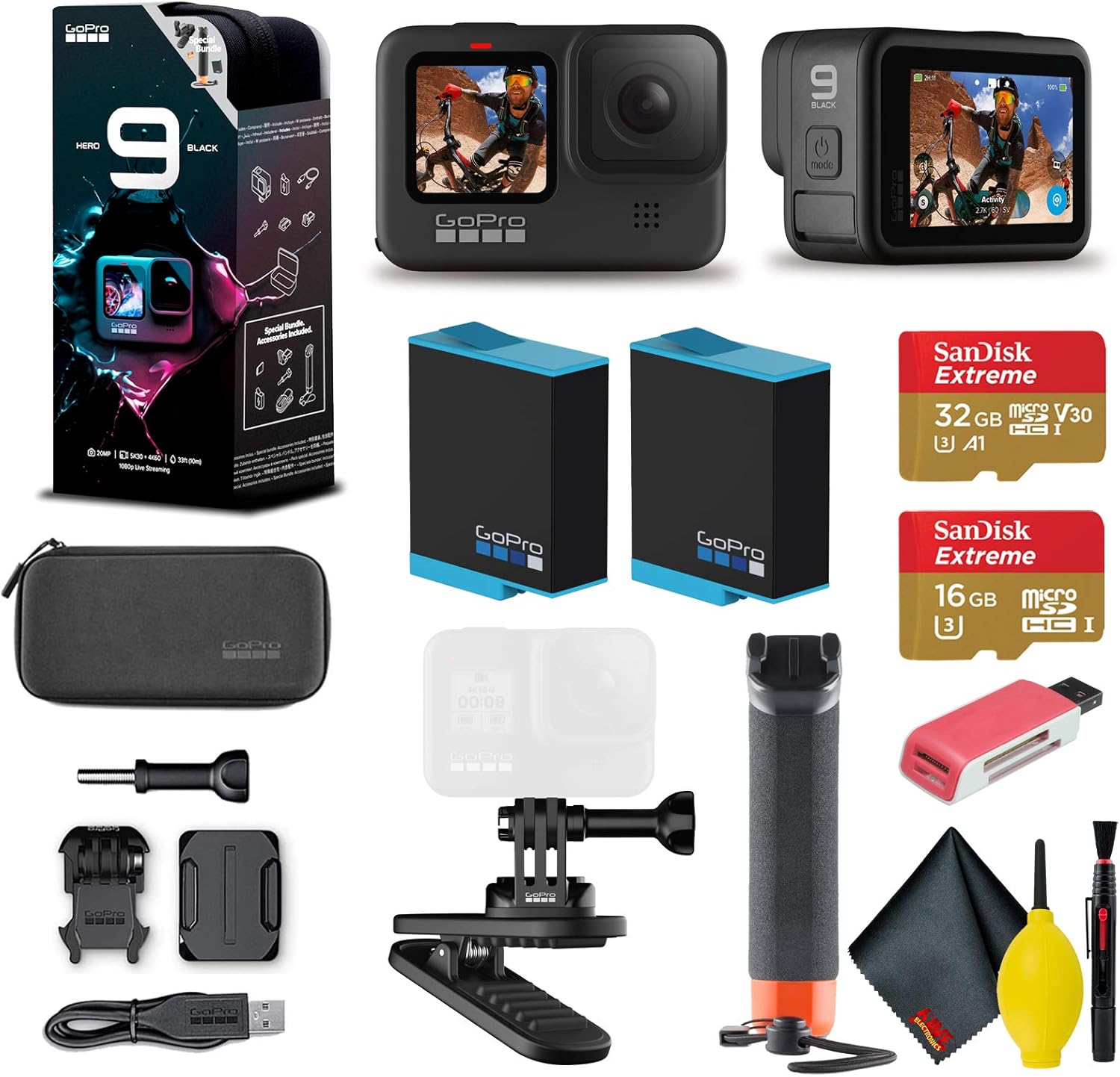 GoPro HERO9 Action Camera - Special Bundle + Floating Hand Grip + Magnetic Swivel Clip + Sandisk 32GB & 16GB SD Cards + 2 Batteries + Case and More. 5K HD Video, 20MP Photos, 1080p Live Streaming