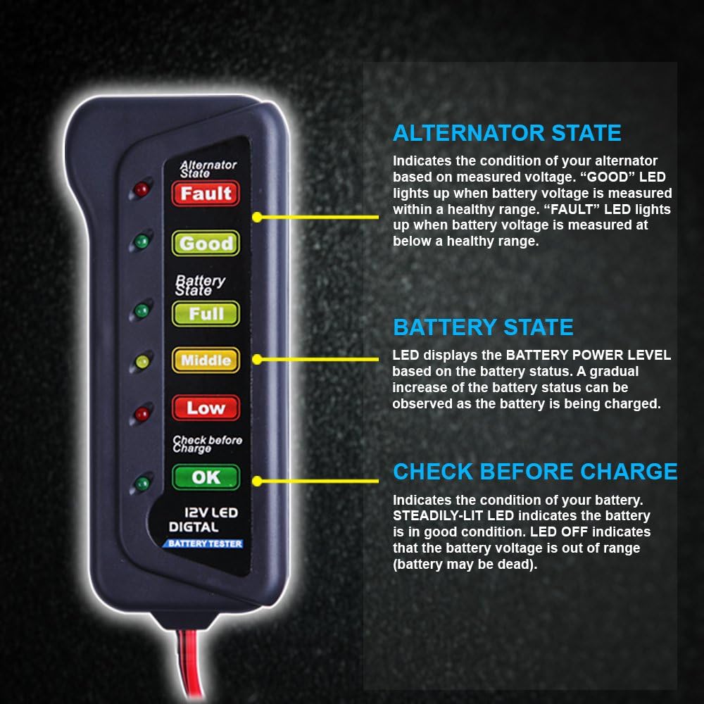 12V Car Battery Alternator Tester LED Indication 2 Pack k7