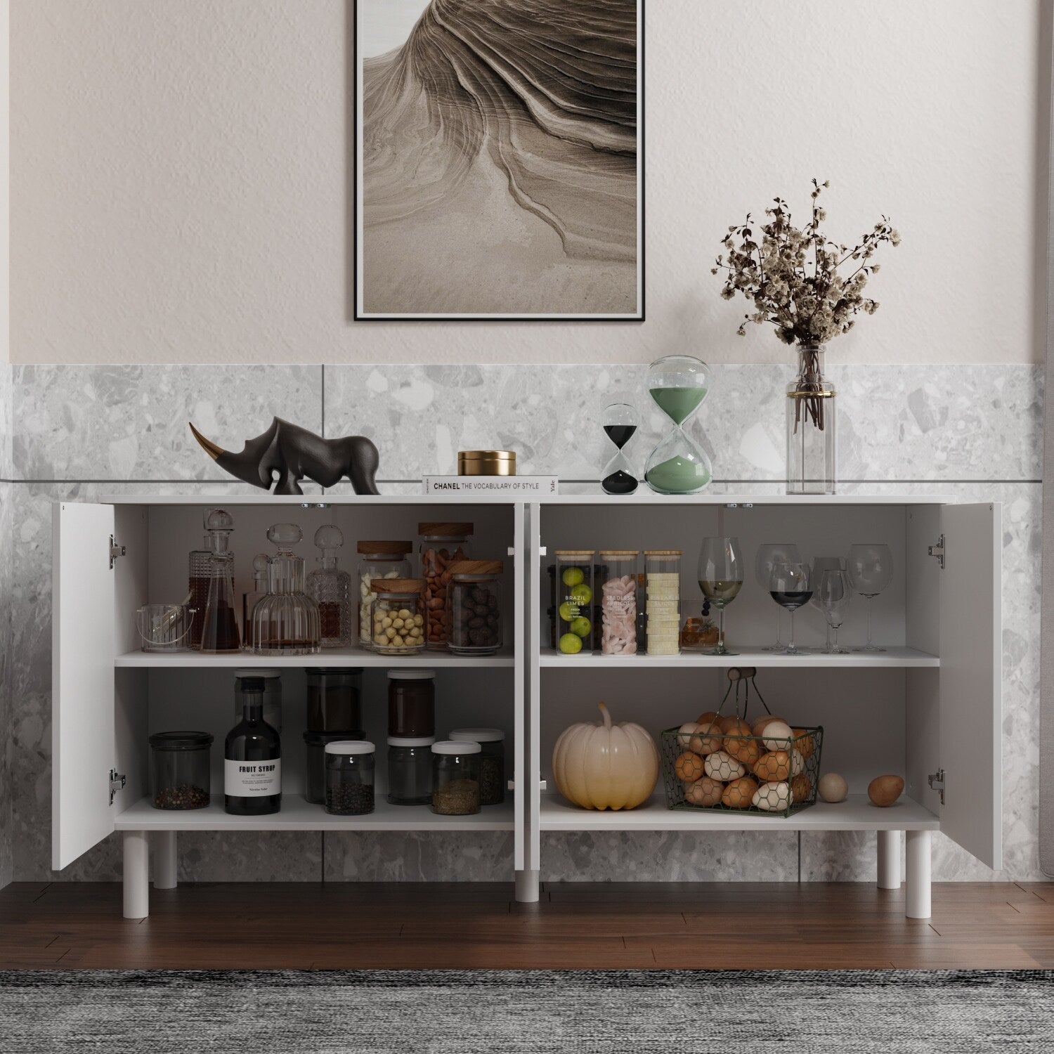 63.2"W Bookcase Credenza Sideboard with Drawer & Doors k7