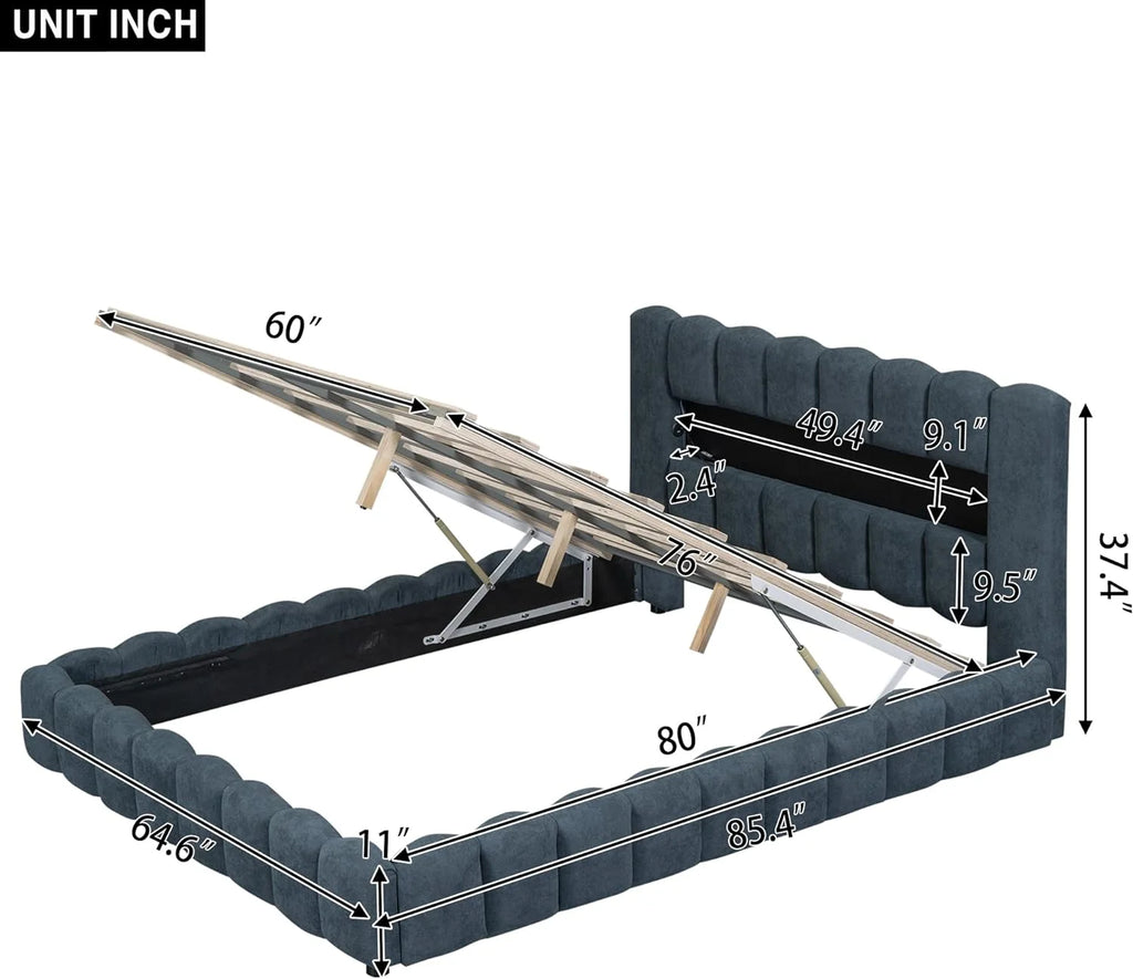 Upholstered Queen Bed with Lift-Up Storage and LED Headboard a7