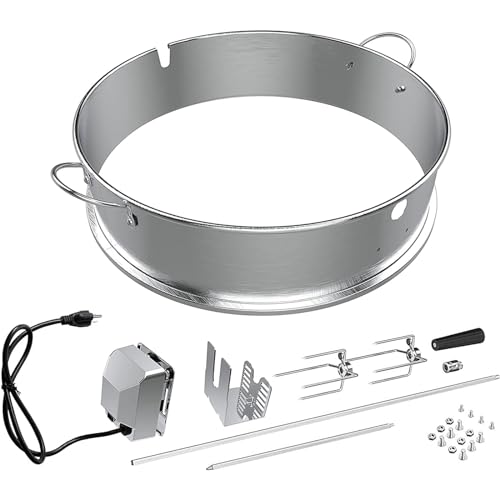 IULULU BBQ Rotisserie 22.5-Inch Kettle-Stainless Steel Grill Rotisseriee Ring Kits for Weber CharcoalGrills with Motor, Forks, Extendable Spit Rod (27"-40"), Silver