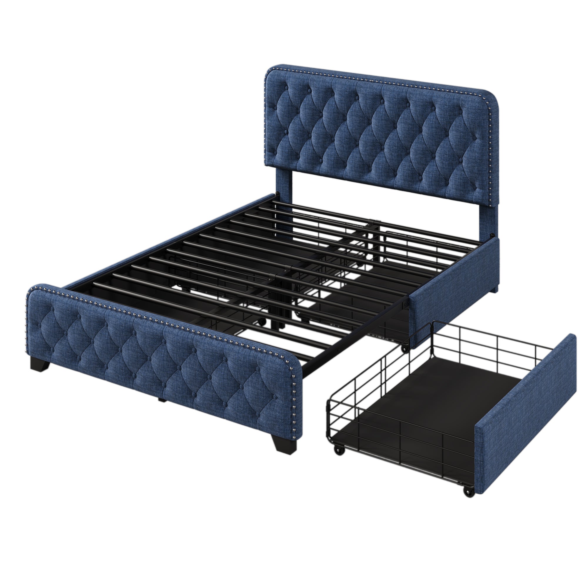 Upholstered Platform Bed Frame with Drawers, Tufted Headboard, Full A7