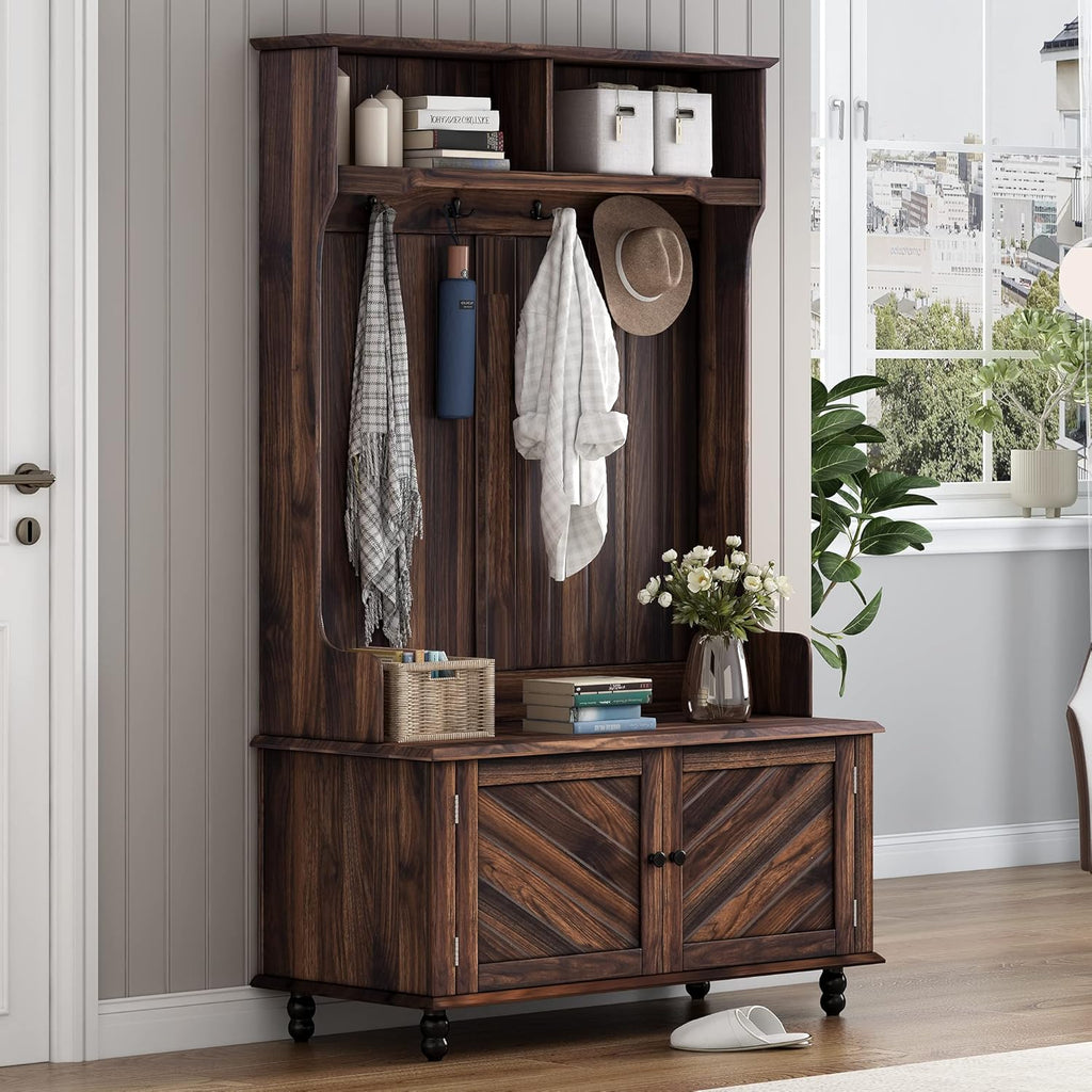 Modern 40" 3-in-1 Design Hall Tree with 4 Hooks and Coat Hanger, Entryway Bench with Storage for Living Room, Hallway, Entrance, Brown