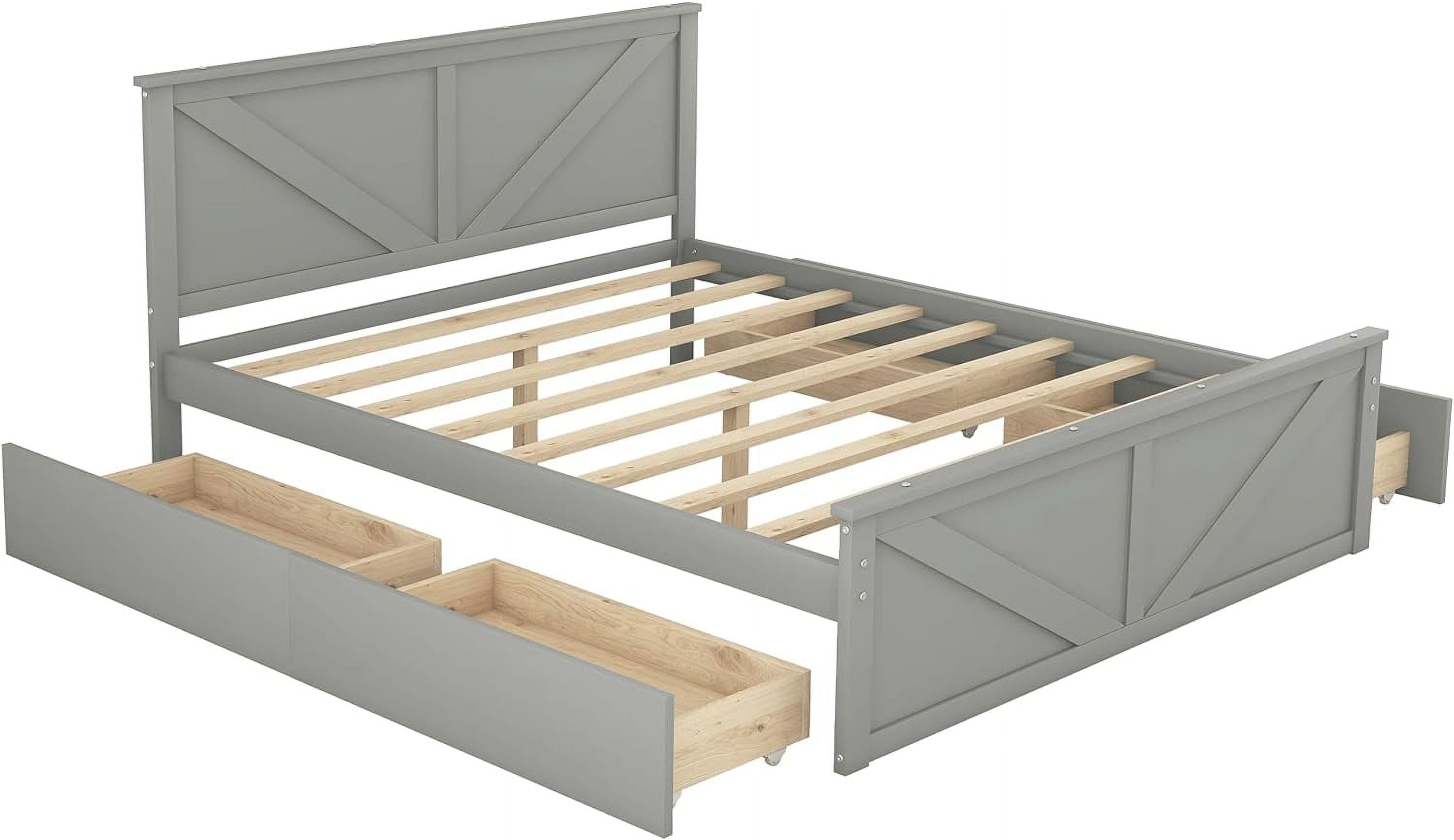 Queen Bed Frame with 4 Storage Drawers Wood Platform Gray k7
