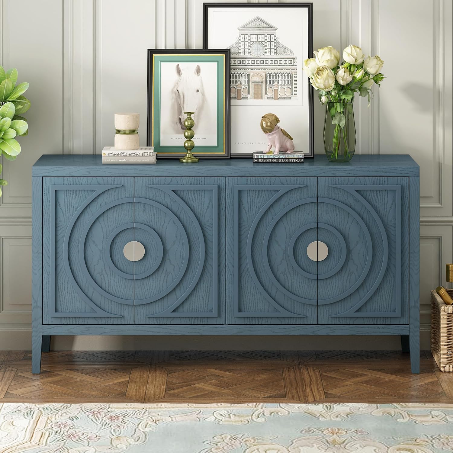 Retro Kitchen Accent Storage Cabinet with Circular Groove Design Door,Round Metal Handle,Sideboard Buffet Cabinet,Cupboard,60” Console Table for Dining Room,Living Room,Bedroom,Entryway