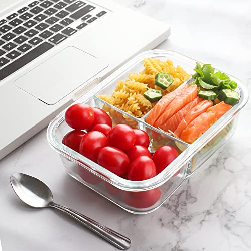 Glass Meal Prep Containers 3 Compartment with Lids Airtight Bento Boxes BPA-Free Leak Proof Grey k7