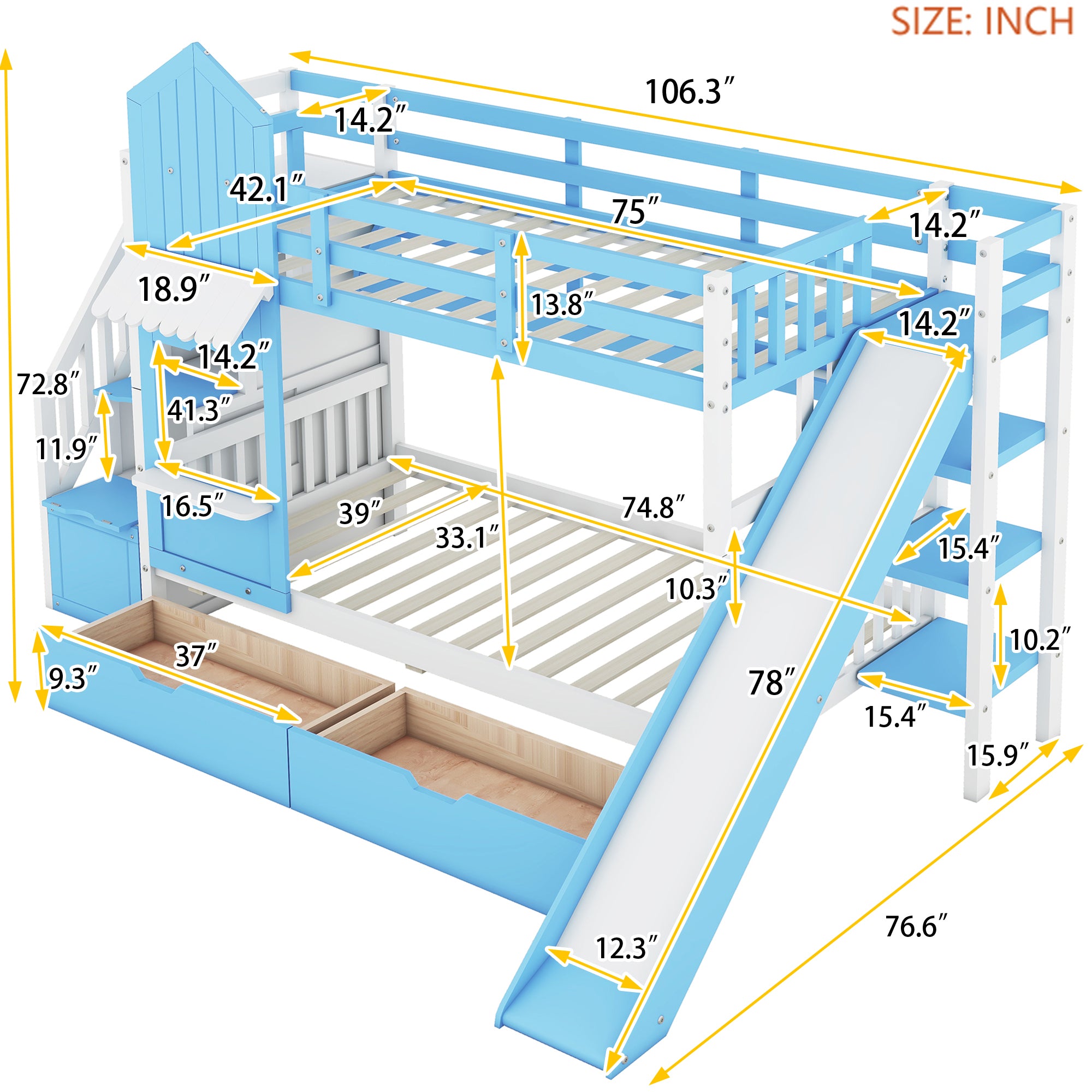 Kids Twin Bunk Bed with Slide and Drawers a7