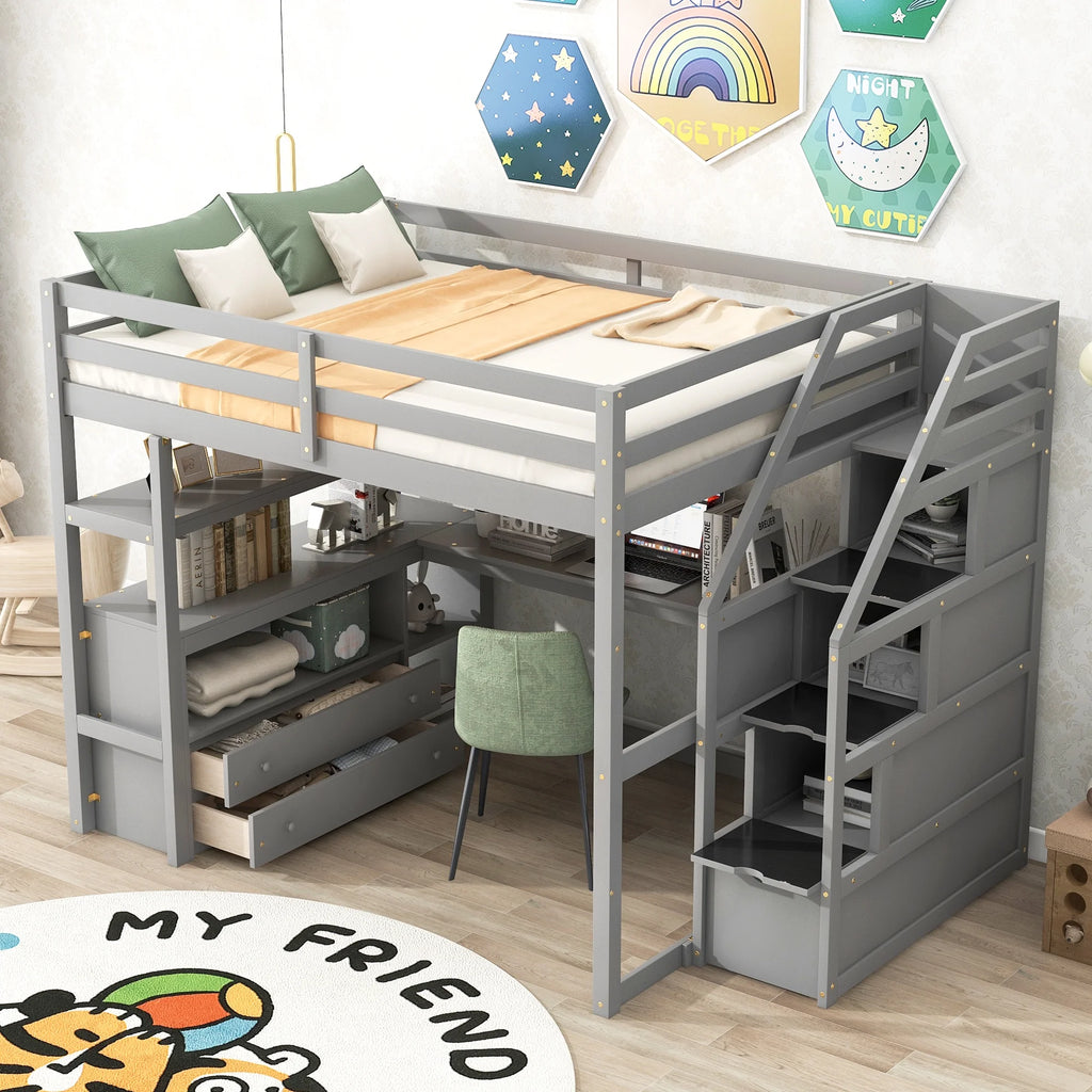 Full Loft Bed with Desk, Storage Stairs & Drawers k7