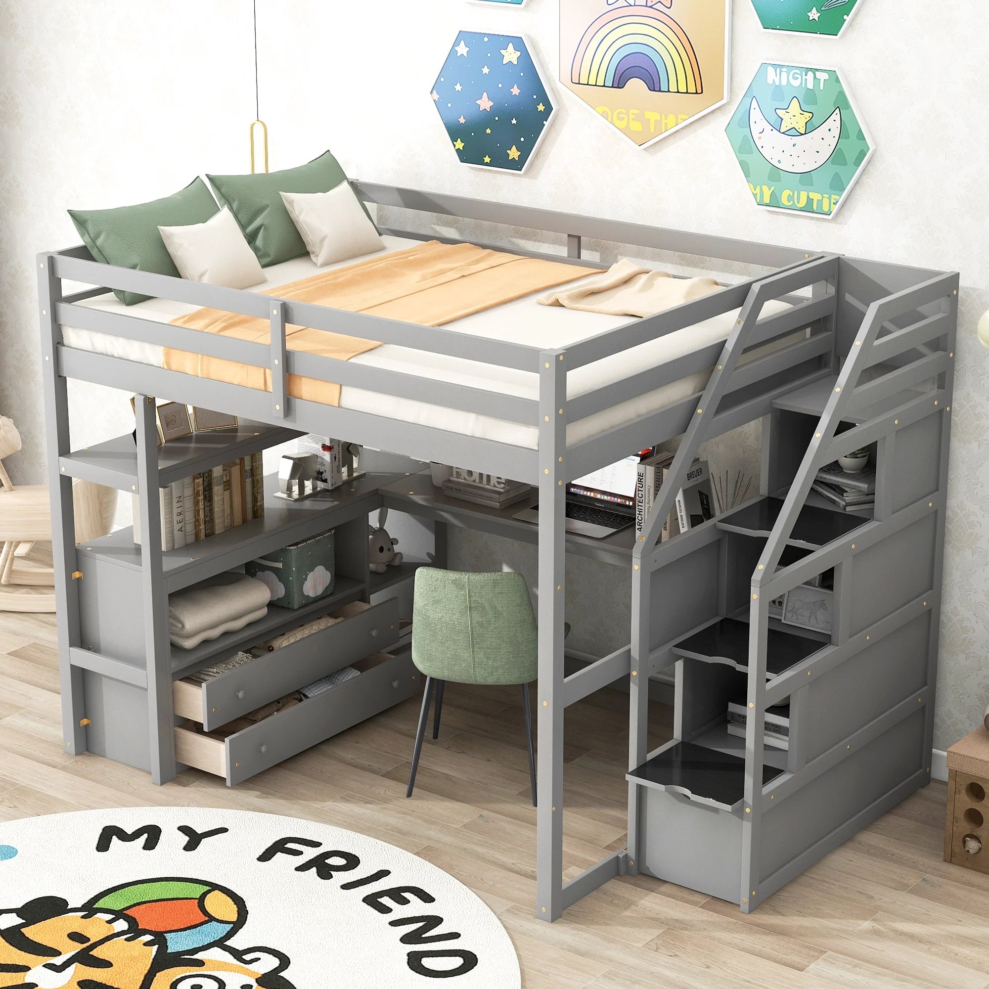 Full Loft Bed with Desk, Storage Stairs & Drawers k7
