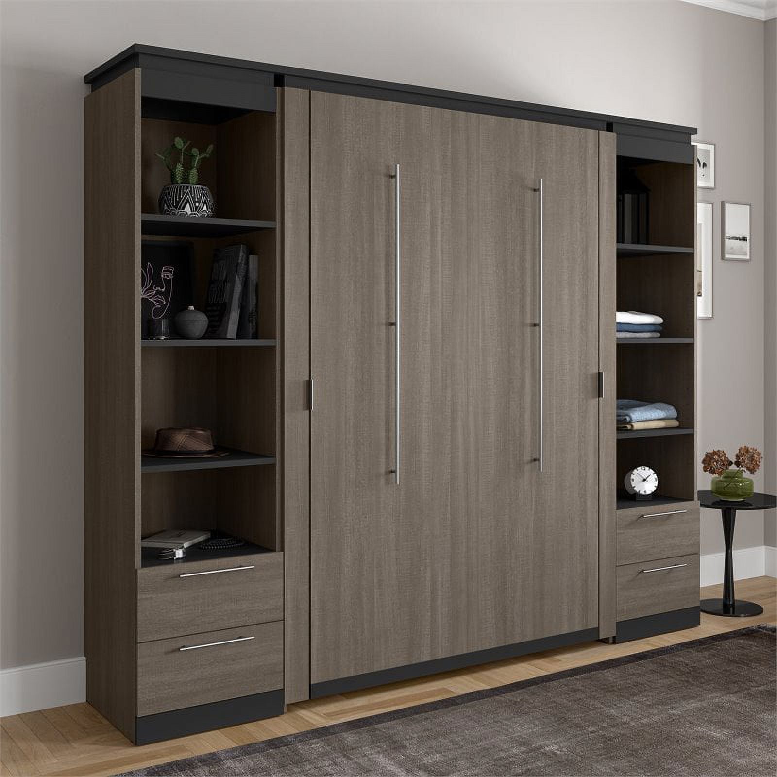 Full Murphy Bed with 2 Bookcases and Drawers, Bark Gray k7