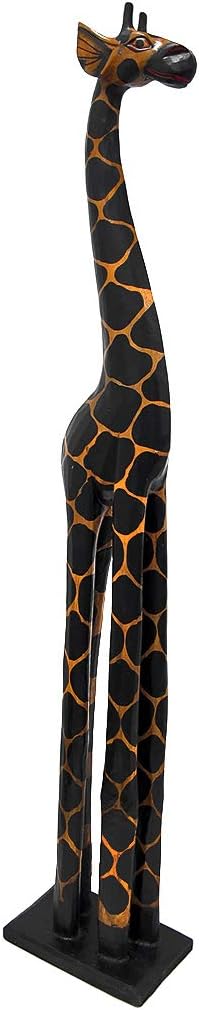 39 Inch Tall Hand-Carved Wooden Giraffe Statue Decor