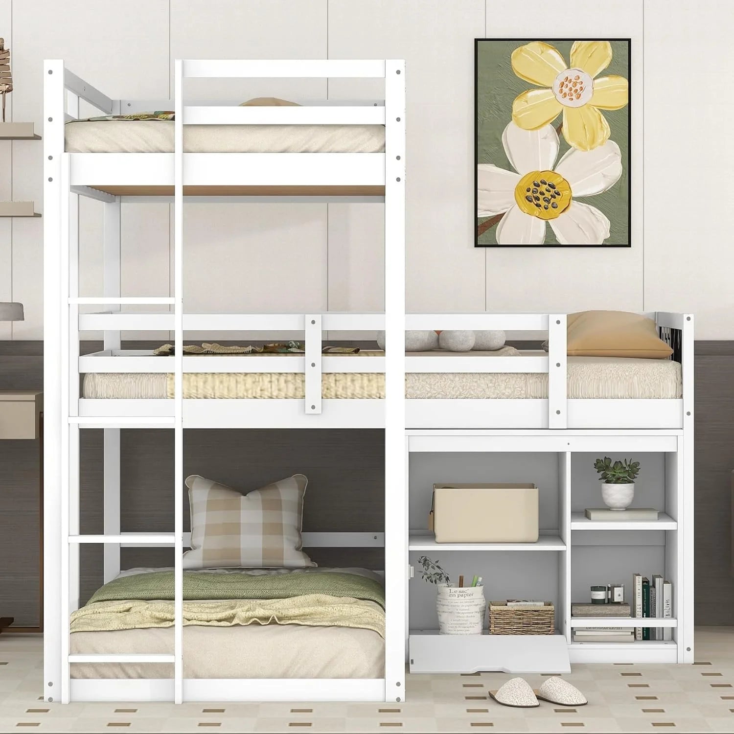 Triple Bunk Bed with Cabinet and Ladder White 7k