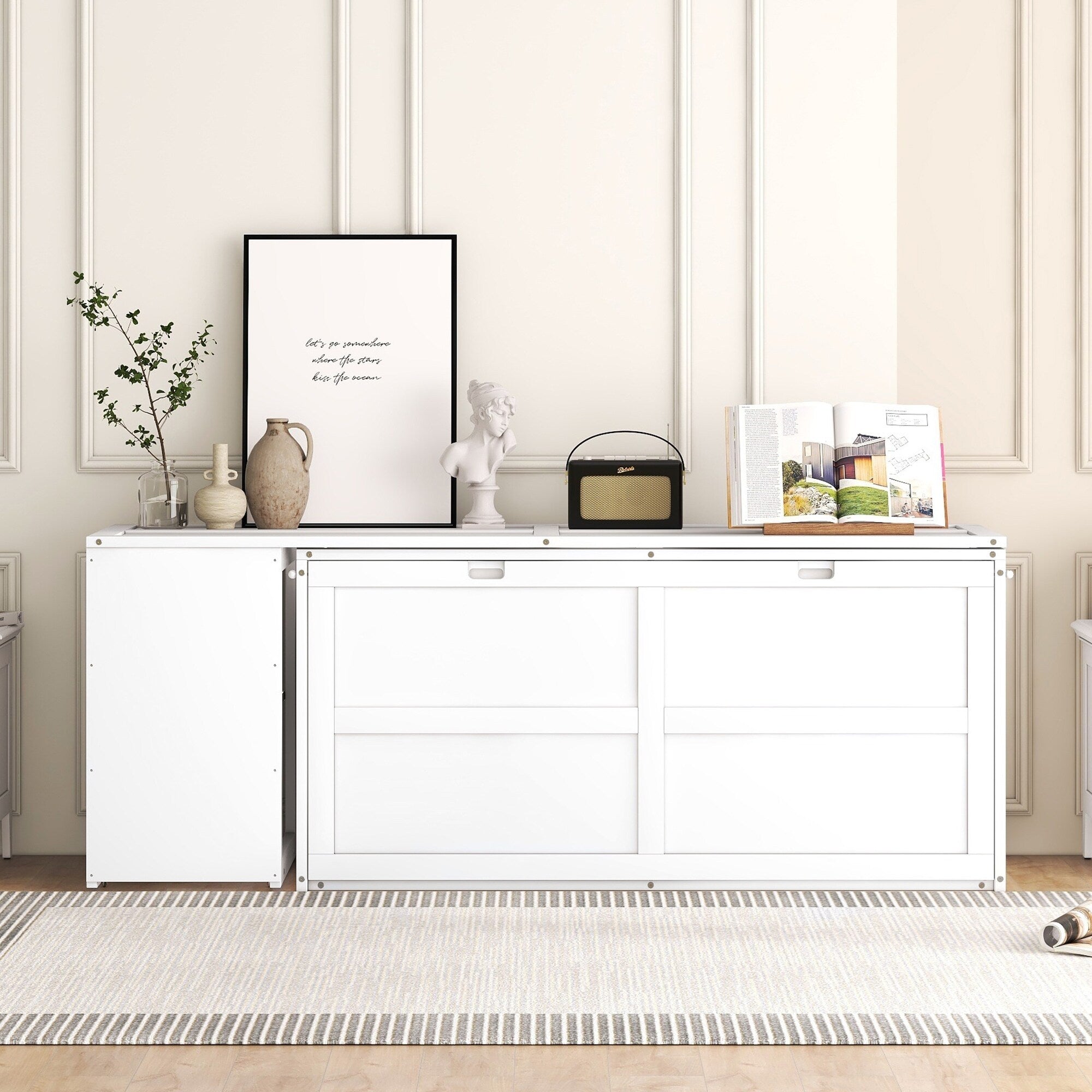 Murphy Bed with Rotable Desk and Storage Shelves, Solid Pine Wood White k7