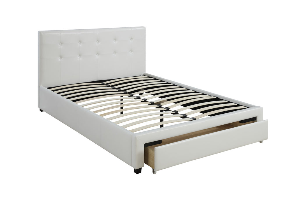 White Full Size Bed with Underbed Storage Drawers Wooden Tufted Upholstered Faux Leather A7