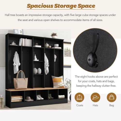 72" H Hall Tree with Storage Bench & Shoe Cabinet, Coat Rack with 8 Hooks, Black k7