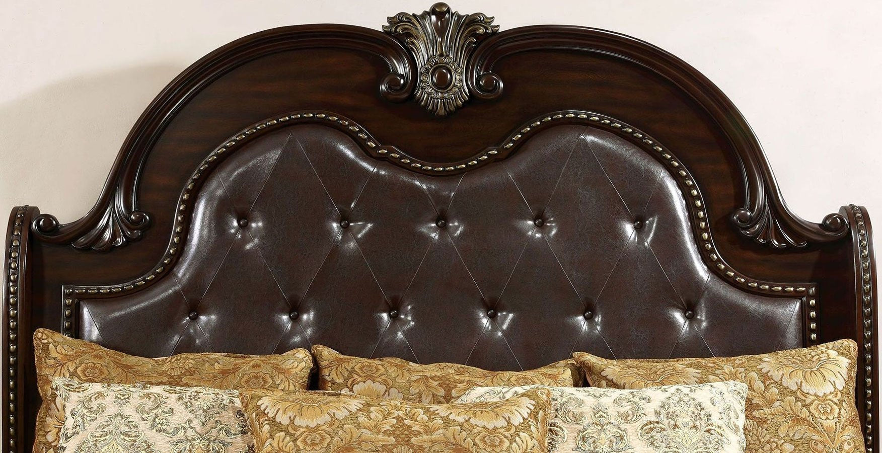 Brown Cherry King Bed Sleigh Tufted Design 7k