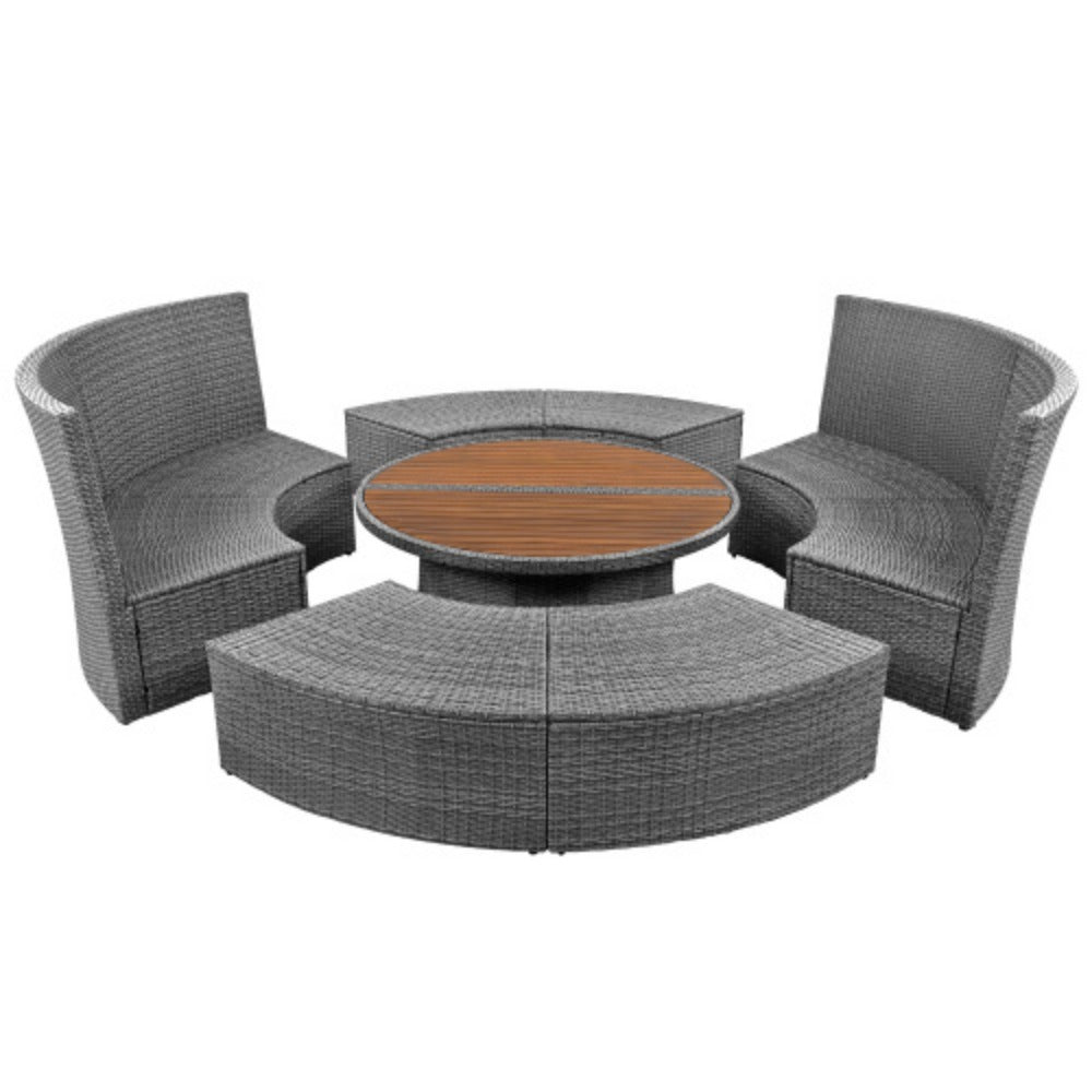 Patio 5-Piece Round Rattan Sectional Sofa Set with Liftable Table a7